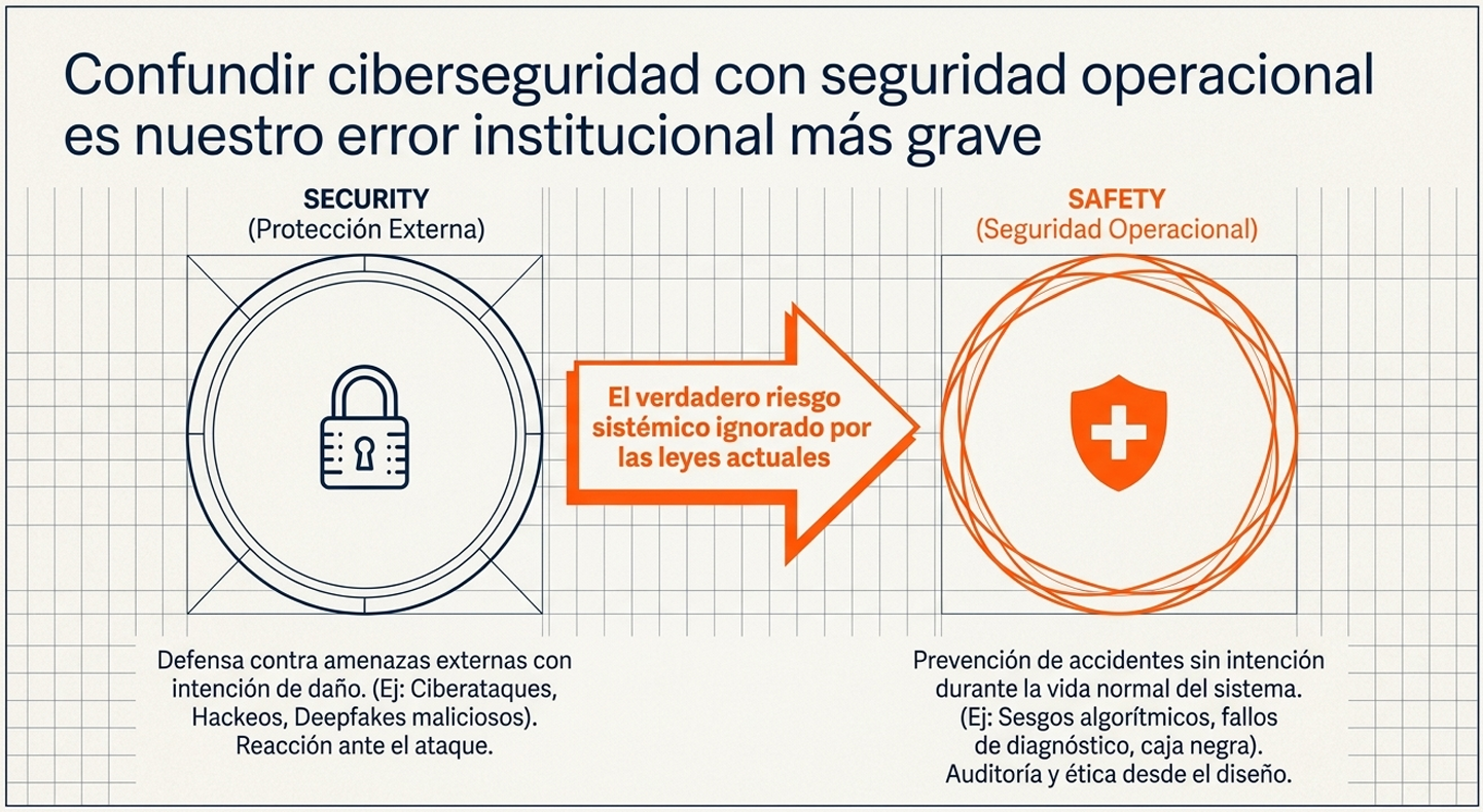 Diagrama comparativo de seguridad y seguridad operativa, con candado azul y escudo naranja, texto explicativo.
