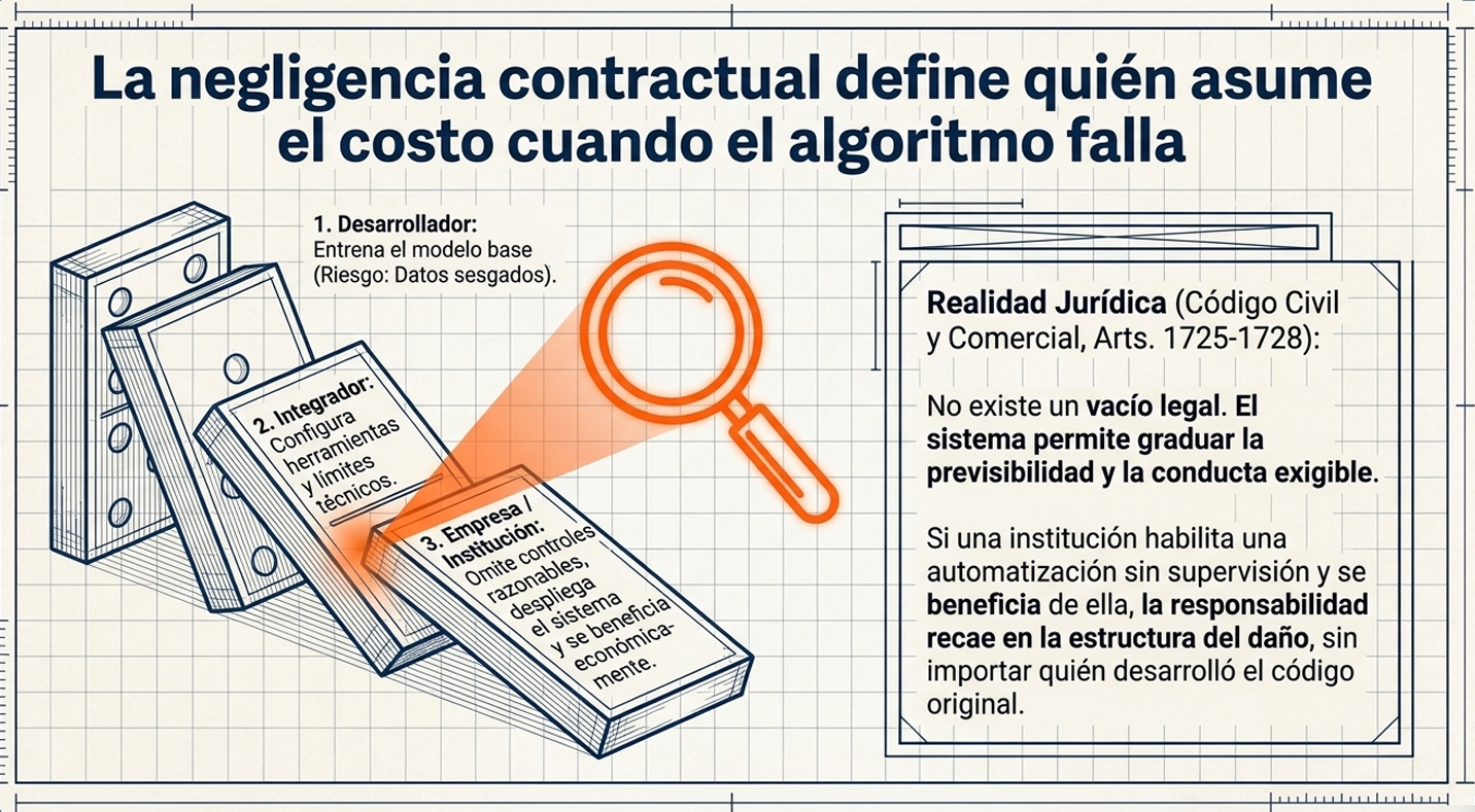 Diagrama estilo blueprint con texto sobre negligencia contractual, algoritmo fallando, lupa y marco legal.