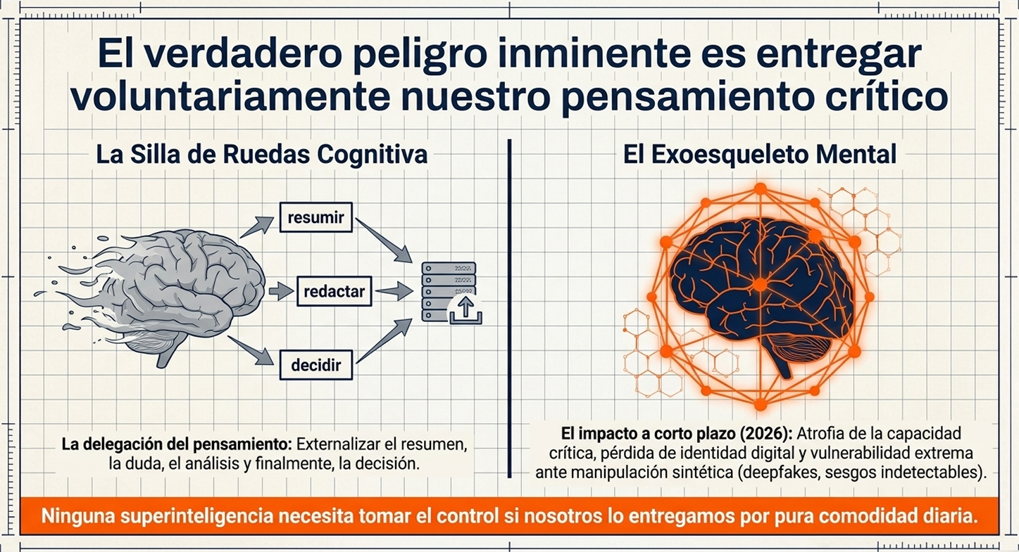 Ilustración educativa con cerebro y diagrama mental, texto sobre peligro de delegar pensamiento crítico y atrofia cognitiva.