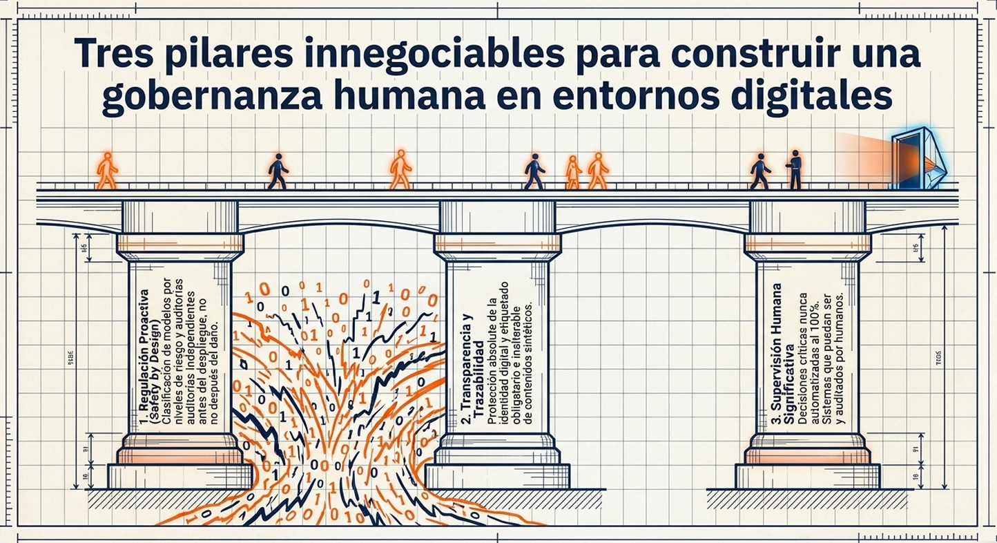 Ilustración técnica con tres columnas, personas y código binario, texto sobre gobernanza humana en entornos digitales.