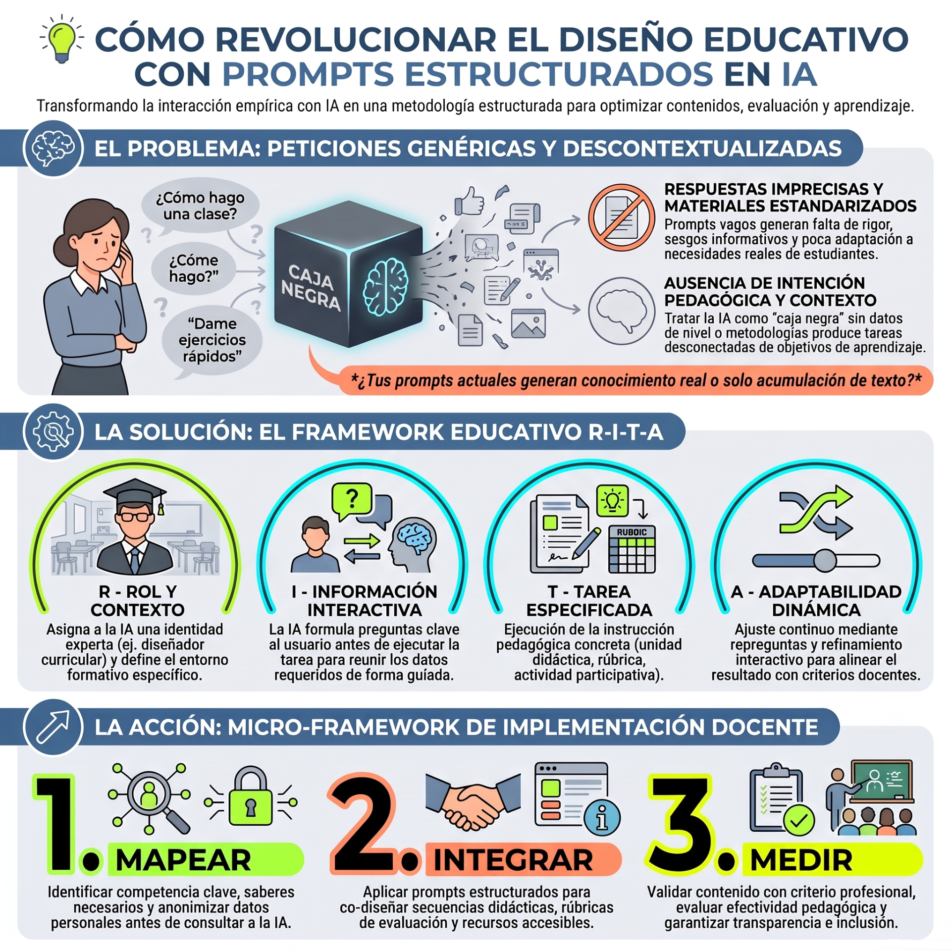 Infografía educativa sobre cómo revolucionar el diseño con prompts estructurados, caja negra y framework R-I-T-A.