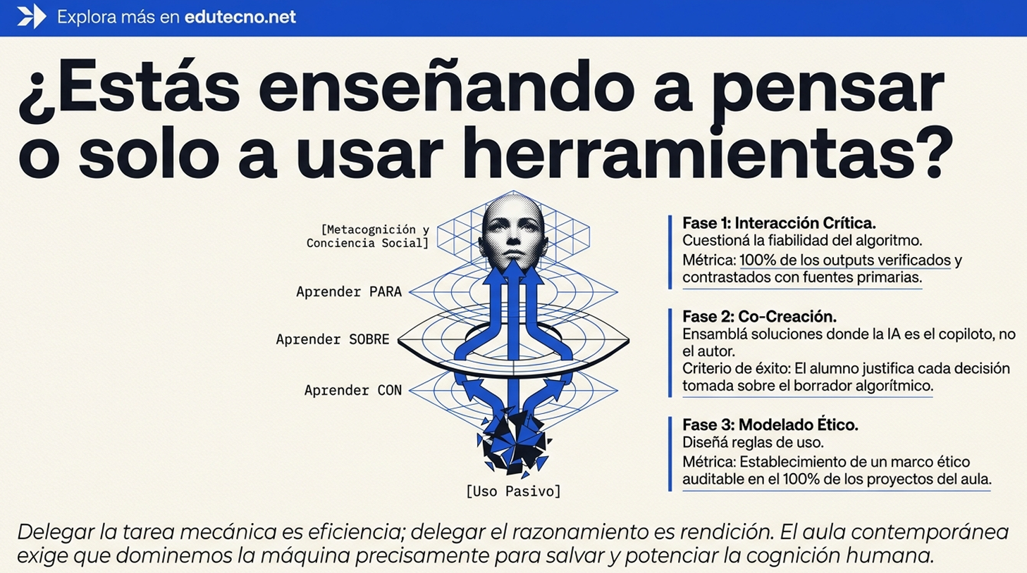 Ilustración educativa con texto sobre IA, cerebro estilizado y fases de interacción crítica, co-creación y modelado ético.