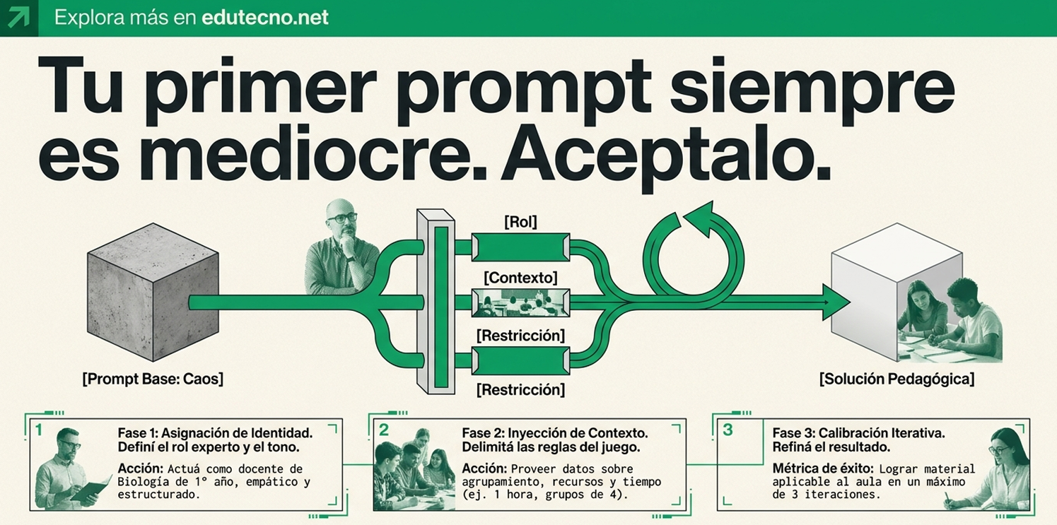 Diagrama educativo con texto en español, bloques verdes y personas, mostrando base, contexto y solución pedagógica.