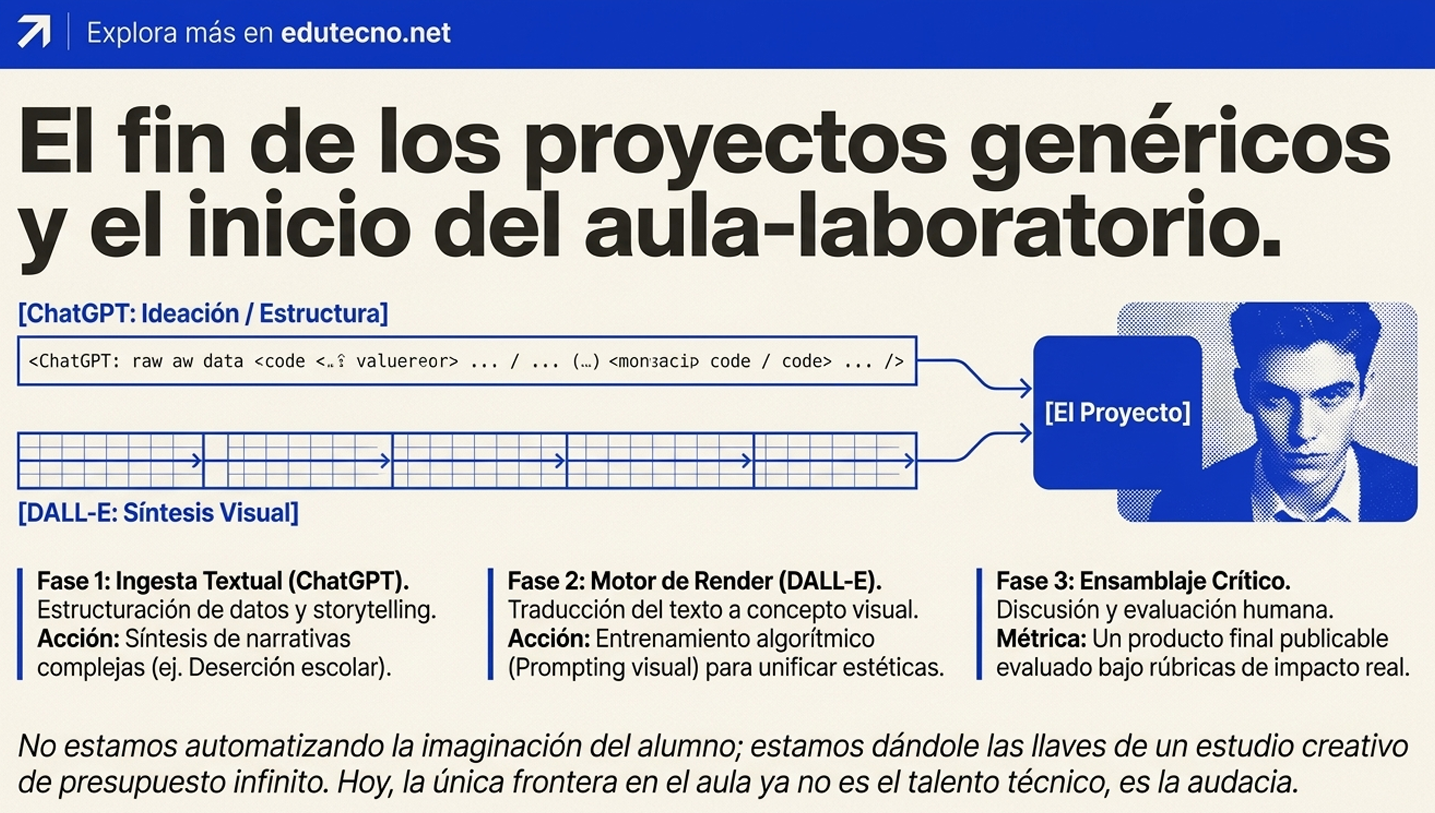 Diagrama educativo con texto sobre proyectos genéricos, ChatGPT y DALL-E, y un retrato estilizado azul.