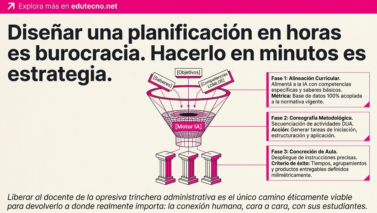 Infografía con embudo de planificación curricular y texto sobre fases, competencias y liberación docente, con colores fucsia.