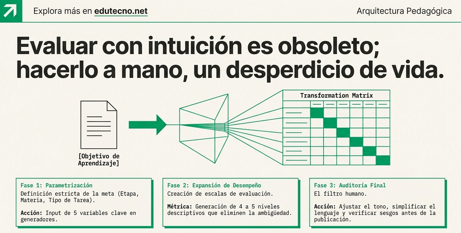 Diagrama educativo con texto grande, flechas verdes y matriz de transformación, más tres fases de evaluación.